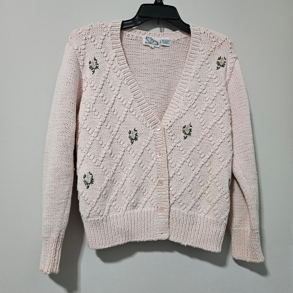 Westbound Vintage Pink Cotton Knit Floral Embroidered Cardigan Sweater Large